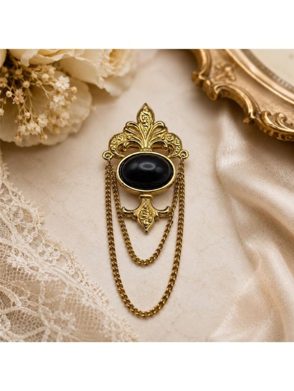 Vintage Signed BERGERE Fleur De Lis Chatelaine Black Cabochon Gold Tone Brooch